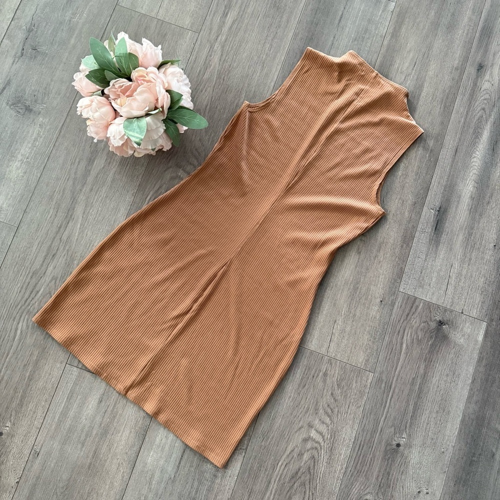 New Reformation Sana Tan Ribbed Mock Neck Dress - Picture 3 of 5